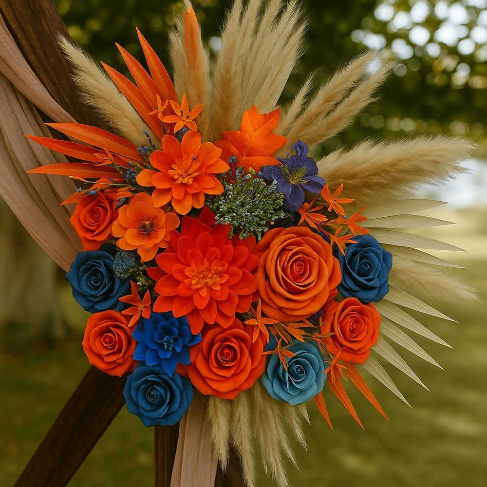 Vibrant Orange and Blue Floral Arrangement Wedding Arch Decor